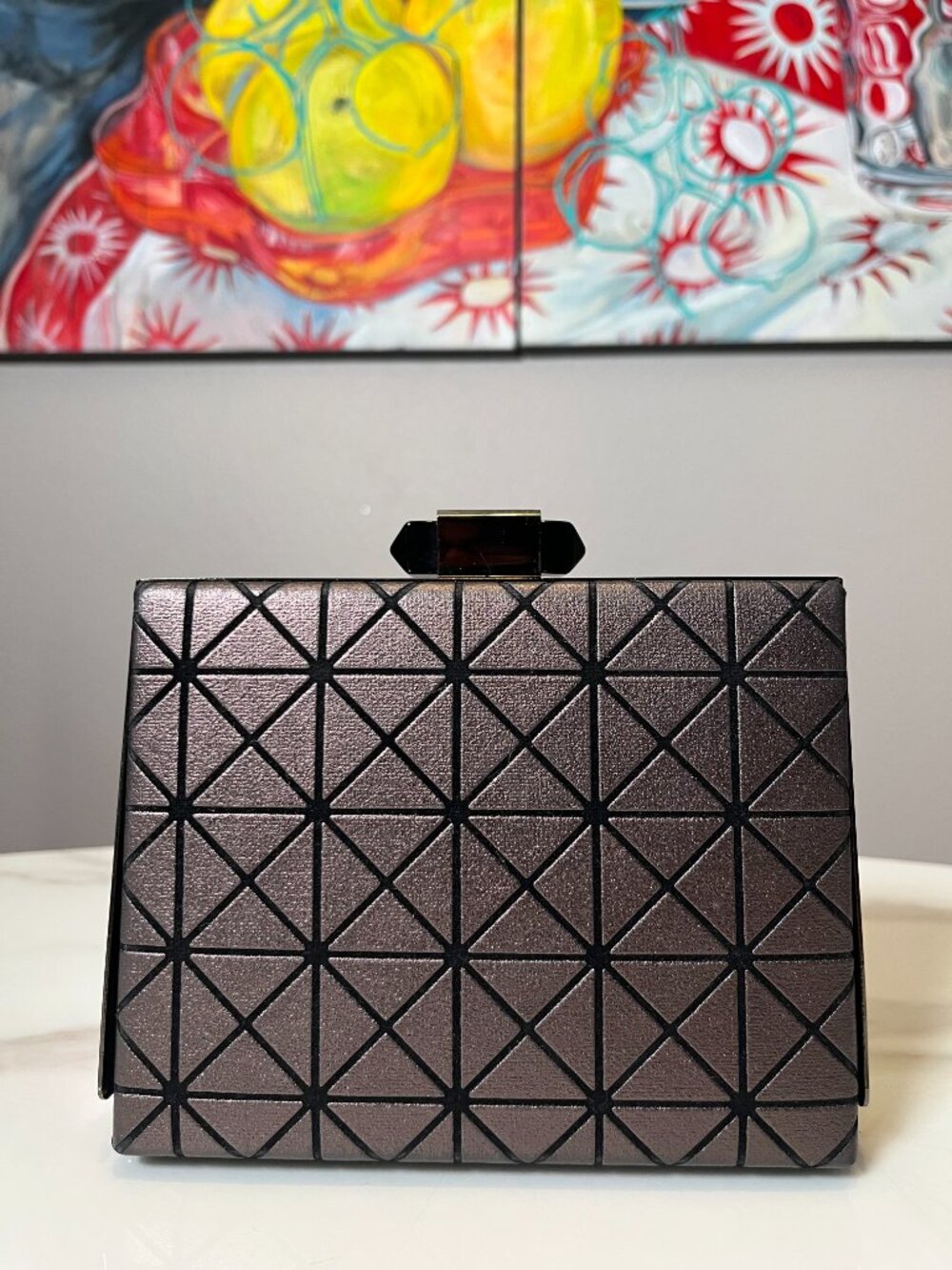 Sondra Roberts Metallic Geometric Leather Gunmetal Frame Box Clutch